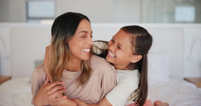 Face, funny and hug with mother, girl and happiness with love, bonding together and home with family. Apartment, relax and mama with kid, childhood and embrace with support, affection and laughing