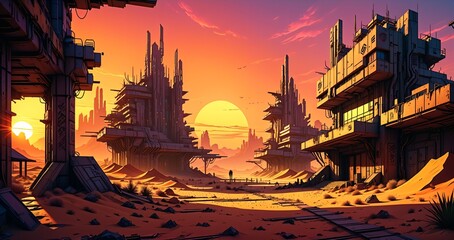 Naklejka premium cyberpunk desert wasteland city sunset. post apocalyptic sci-fi lo-fi town futuristic buildings and skyscrapers. landscape with mountains in horizon.