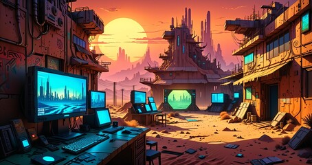 Obraz premium cyberpunk desert wasteland city sunset. post apocalyptic sci-fi lo-fi town futuristic buildings and skyscrapers. landscape with mountains in horizon.