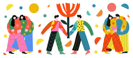 Vector illustration with friends or couple man and woman support each other, hug and hold big red flower. Mental health, communication, relationships concept art.