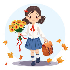 Cute funny schoolgirl with flowers goes to school