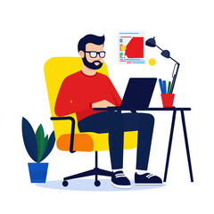 Illustration of a bearded man working on a laptop at a desk with a lamp, plant, and wall chart in a bright, modern workspace.