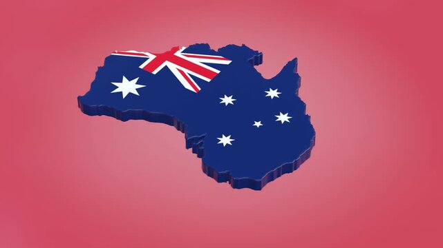 A 3D map of Australia rotating clockwise on a magenta background. The country's borders are textured with the Australian flag, using a luma matte effect