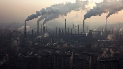 Aerial view of an industrial cityscape with smoke billowing from factory chimneys.
