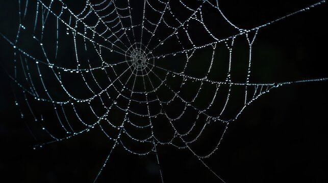 a close-up of a spider web with water droplets on it. The web is illuminated background is black