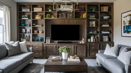A living room with an organized entertainment cent