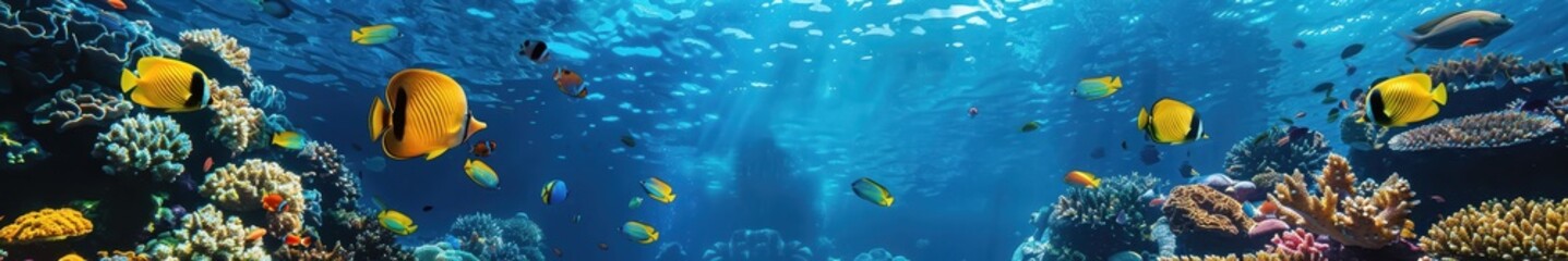 Fototapeta premium Vibrant tropical fish swimming over colorful coral reef.