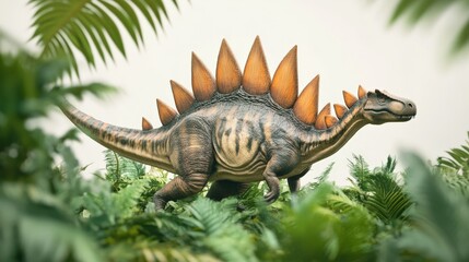 Fototapeta premium Realistic portrayal of a stegosaurus amid lush vegetation in a prehistoric setting, showcasing vibrant details and natural habitat.