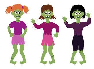 Collection of zombie girls. Halloween Set. Cartoon Flat Vector illustration.