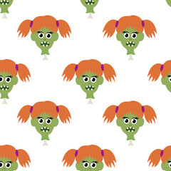 Seamless pattern with Zombie girl head on bone. Halloween Cartoon Flat Vector illustration.
