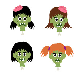 Collection of zombie girls heads on bone. Halloween Set. Cartoon Flat Vector illustration.