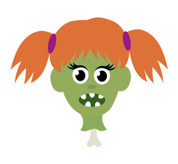 Zombie girl head on bone. Halloween Cartoon Flat Vector illustration.