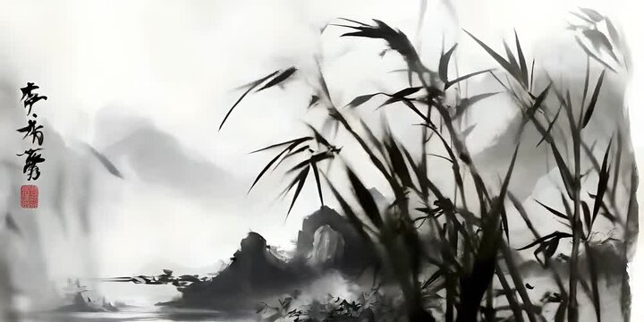 traditional, chinese, asian, painted, landscaped, panda, bamboo, temple, mountains, water, abstract, antique, architectural feature