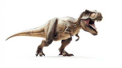 Realistic Tyrannosaurus Rex isolated on white background, showcasing intricate details and fierce expression in a dynamic pose.