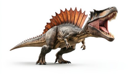 Fototapeta premium Roaring Spinosaurus with impressive sail-back and sharp teeth, isolated on white background. Perfect for dinosaur enthusiasts and educators.