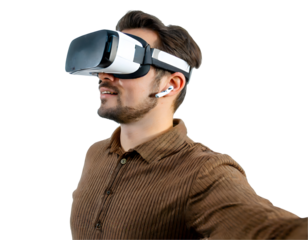 A person in virtual glasses flies to pixels. The woman with glasses of virtual reality. Generative AI.