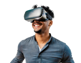 A person in virtual glasses flies to pixels. The woman with glasses of virtual reality. Generative AI.