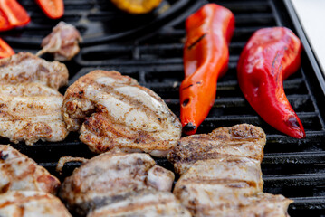 Grilled chicken meat with vegetables on barbecue grill with smoke.