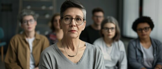 Fototapeta premium A contemplative elderly woman with gray short hair and glasses stands out in a group, conveying a sense of focus and introspection.