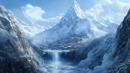 Snowy Mountain Valley with Waterfall
