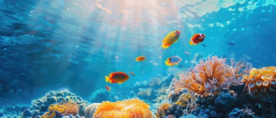 Obraz premium Vibrant tropical fish swimming over colorful coral reef.