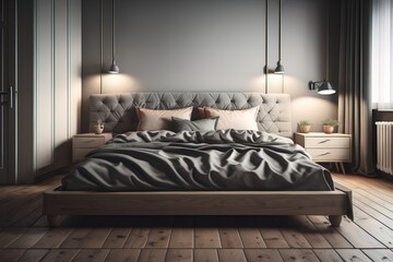 Modern bedroom interior design with gray walls, wooden floor, comfortable king size bed with two pillows. ai generative