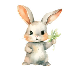 Fototapeta premium Adorable Watercolor of Cute Bunny Holding Carrot on White Background