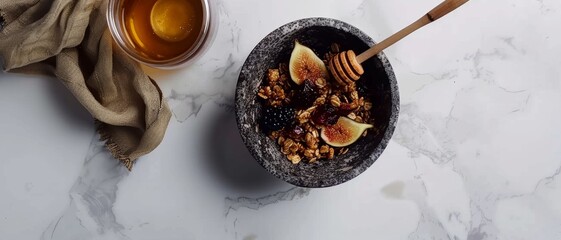 Fototapeta premium A rustic stone bowl filled with fresh figs, blackberries, granola, and a drizzle of honey sits on a marble countertop, accompanied by a wooden honey dipper.