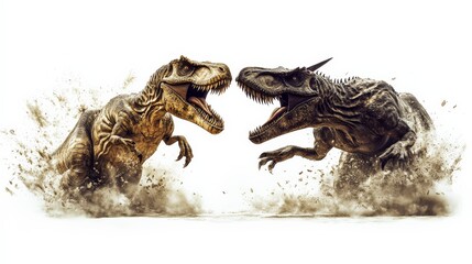 Obraz premium Two fierce dinosaurs engage in an epic battle, kicking up clouds of dust and showcasing their raw power and prehistoric might.