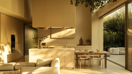 Contemporary open plan kitchen and dining area. Bright kitchen interior with beige walls and large panoramic windows with penetrating sunset light. Design concept.