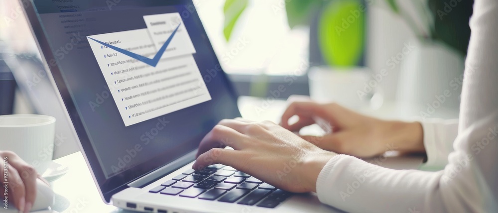 Wall mural a professional fills out a checkbox in an email on a laptop screen, indicative of work productivity 