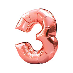 Reflective Rose Gold Inflatable Number 3 Isolated on White Studio Background