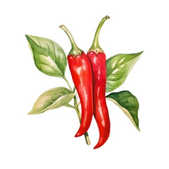 Vibrant Watercolor of Thai Red Chili Peppers with Fresh Leaves on White Background