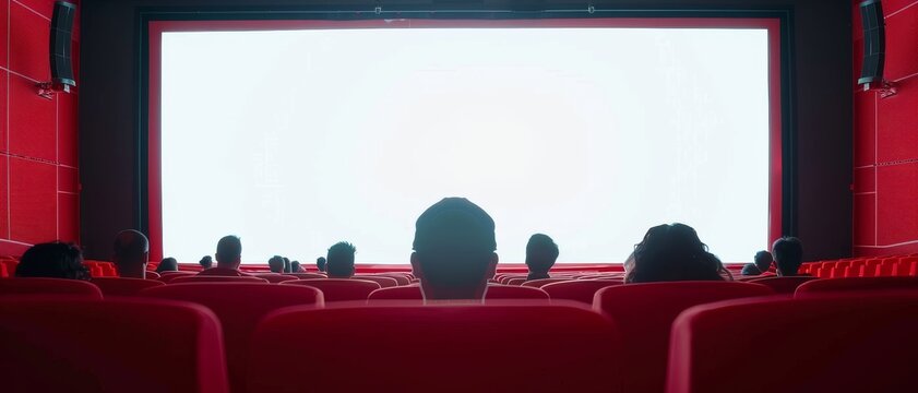 View from the back of a cinema, with patrons sitting in red seats facing a large, bright movie screen that captures their attention.