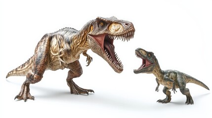 Fototapeta premium Two toy dinosaur models roaring at each other on a white backdrop, showcasing their detailed design and fierce expressions.