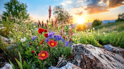 Scenic view photography of a sunset over the plains, featuring wildflowers, tall grasses, and distant trees, captured with a tilt-shift blur effect
