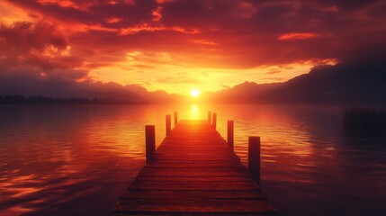 Obraz premium Sunset over the lake with a wooden dock