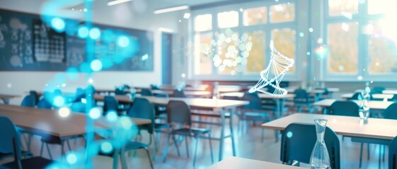 An empty classroom featuring holographic DNA structures, blending education with futuristic technology and scientific exploration.