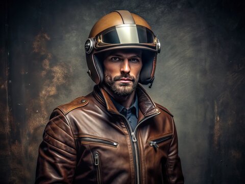 Vintage Inspired Leather Jacket Motorbike Helmet Interconnected Industrial Mood