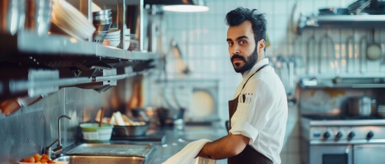 A chef in a bustling kitchen turns to glance back, exuding focus and determination amidst his culinary workspace.