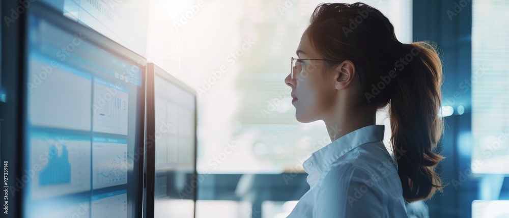 Wall mural a focused woman stands in front of multiple computer monitors in a modern office, analyzing data dis
