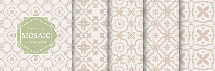 Collection of seamless geometric mosaic patterns - trendy tile textures. Decorative ornamental delicate backgrounds. Vector repeatable tileable prints