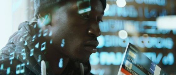 A pensive man is reflected in the glass with codes and numerical data superimposed, suggesting thoughtful engagement with technology.