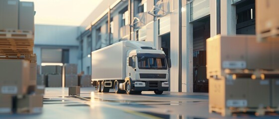 A white truck is stationed in front of an open warehouse loading bay in the early morning, surrounded by stacks of cardboard boxes, embodying the start of a busy shipping day.
