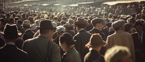 A dense crowd of people, all donning vintage formal attire, moving in various directions under a soft, ambient light.
