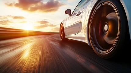 High-Speed Car Driving Along Highway at Sunset with Motion Blur Effect and Vibrant Colors