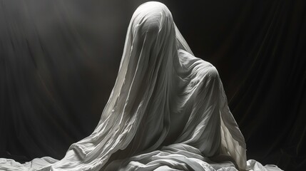Naklejka premium Creepy ghost covered with big sheet sitting on dark background.