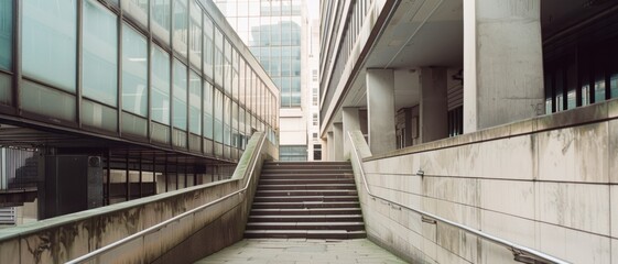 Fototapeta premium A concrete and glass urban passageway lined with industrial buildings creates a sense of geometry and urban minimalism.