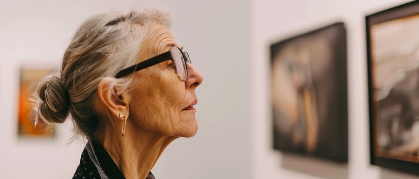 An elderly woman with glasses closely observes a piece of art in a gallery, deeply appreciating the details and emotions conveyed in the painting.