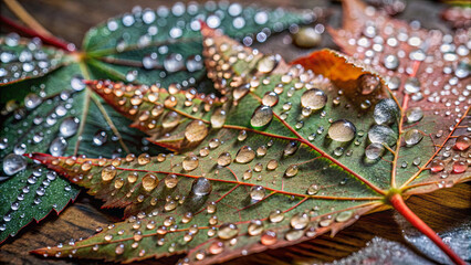 Obraz premium Colorful autumn leaves glisten with water droplets after rain, reflecting the beauty of nature in a serene forest environment